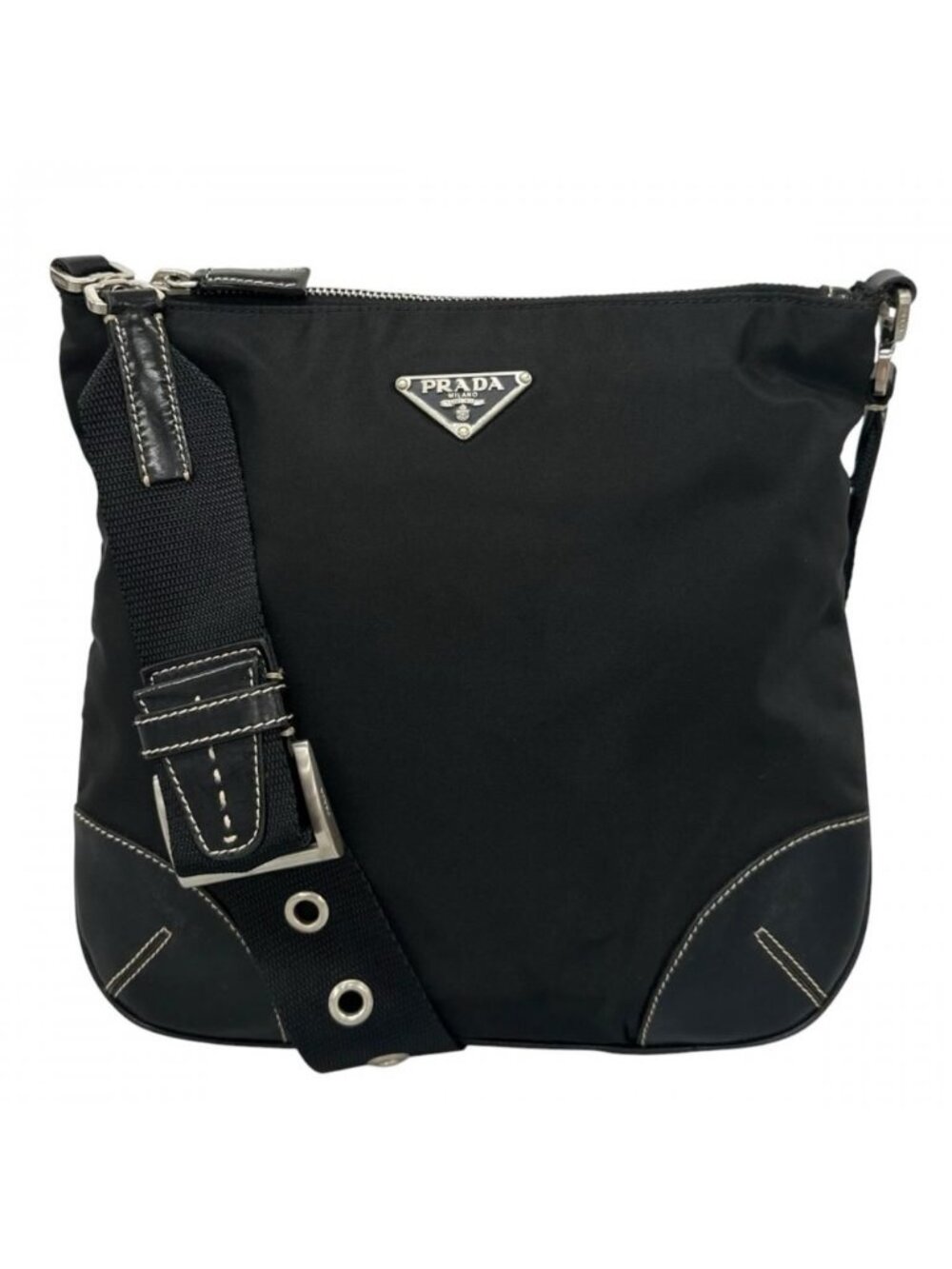 Prada Shoulder Bag Triangle Logo Square Shape Crossbody Nylon Black Silver